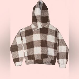 SHEIN Brown & Cream Checkered Sherpa Hoodie Pullover - Size S 🧸